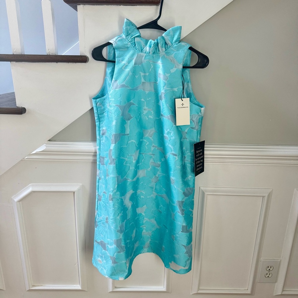 NWT‎ TUCKERNUCK Cyan Fil Coupe Jacquard Tie Neck Ruffle Blythe Dress Size SMALL